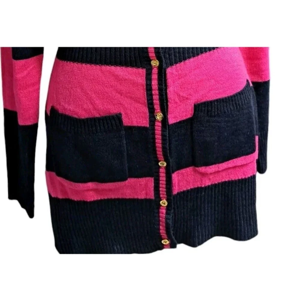 Coogi Cardigan Sweater Women L Pink Black Striped Vintage Retro 90s Letterman - Picture 6 of 9